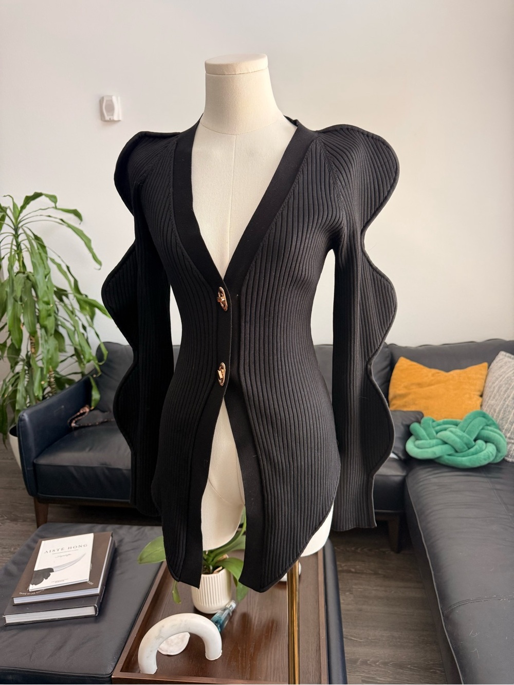 Black Sculpted Ribbed V-Neck Sweater Cardigan